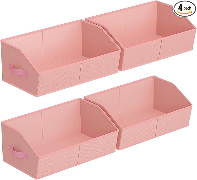 Storage Bins for Shelves - Large Trapezoid Closet Shelf Organizer, Fabric Organization Bins with Handles, Storage Baskets for Clothes, Towel, Purse, 4 Pack, Pink