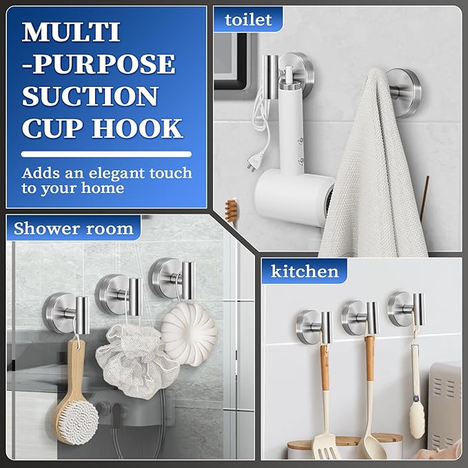Suction Cup Hooks No Drill Stainless Steel Shower Hooks Towel Hook Robe Hook Heavy Duty on Smooth and Non-Porous Surfaces in Bathrooms Kitchen Bedroom (2, Brushed Nickel)
