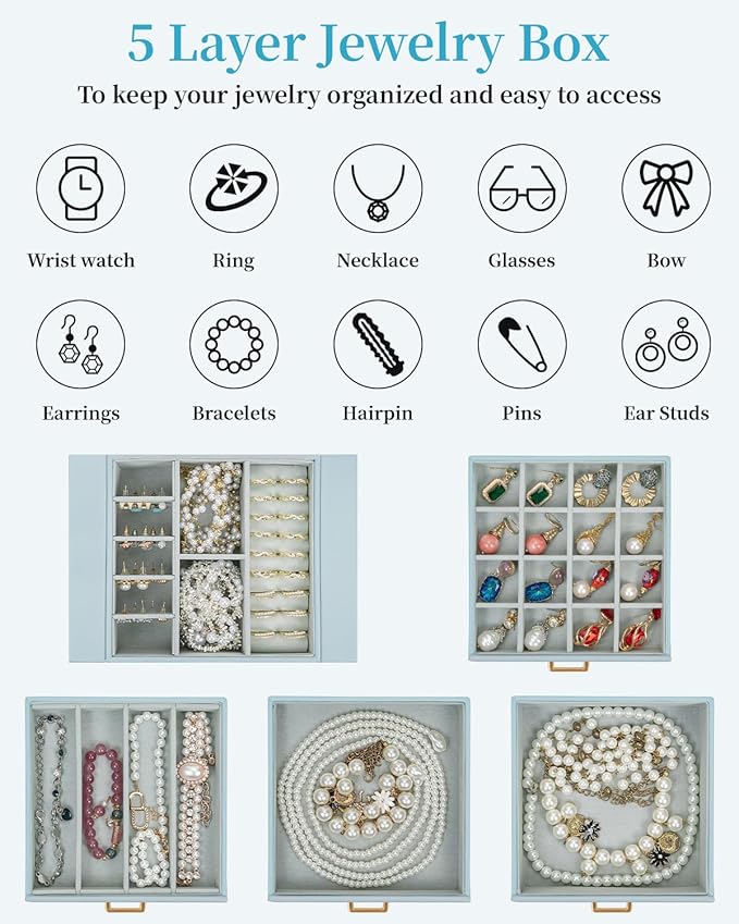 TORIBIO Jewelry Box for Women, Leather Jewelry Organizer with Mirror & Lock, 5-Tier Jewelry Storage Organizer with 4 Drawers for Girls/Women/Mothers, Necklace Earring Bracelets Holder Organizer