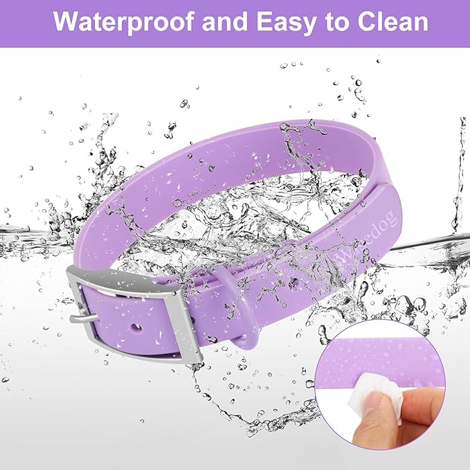 Wisedog Waterproof Dog Collar, Adjustable Soft Rubber Coated Webbing, Odor-Proof and Easy to Clean for Small Medium Large Dogs, with Airtags Case(M|12"-16" × 4/5 in, Lilac)