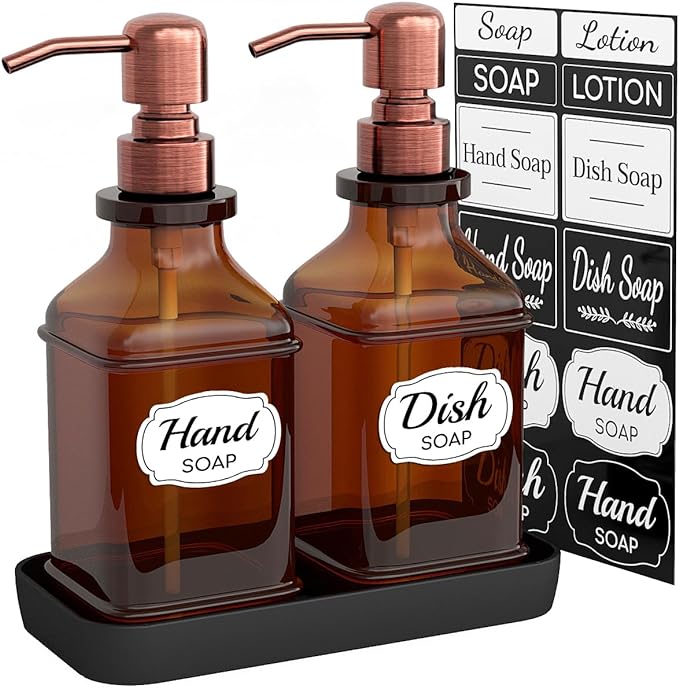 Soap Dispenser - 2 Pack, Antique Design Thick Amber Glass Hand Soap Dispensers with Sturdy Tray; 304 Rust Proof Stainless Steel Black Pump, 12Pcs Stickers, for Kitchen, Bathroom -Brushed Copper