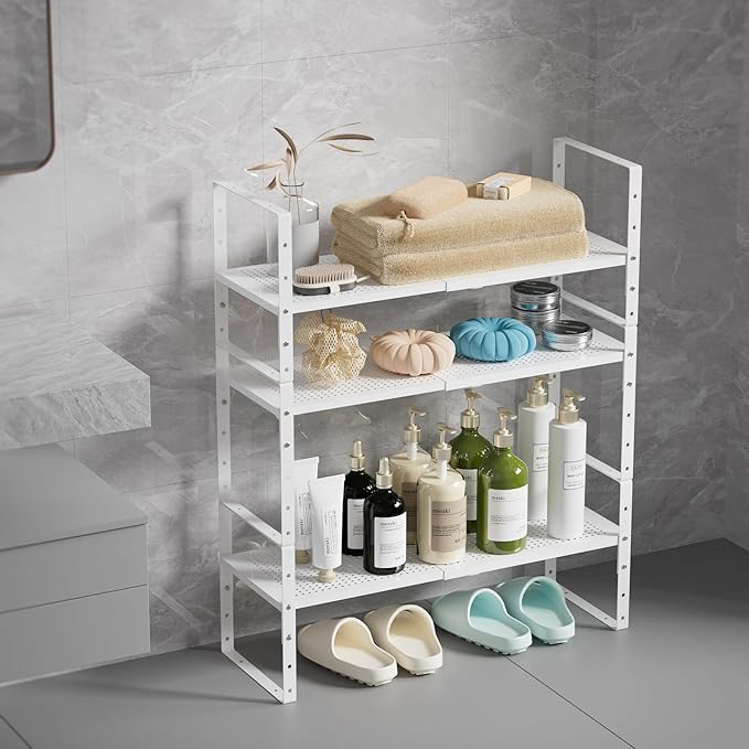 Multi-Functional Metal Shoe Rack,Expandable Adjustable Stackable Kitchen Organizer,Metal Shelf risers for cabinets, Kitchens and Closet, Bathroom(1Pack/White/Medium)