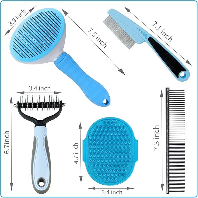 Dog Brush Grooming Kit 5PCS - Dog Brush for Shedding,Puppy Brush and Flea Comb for Dogs, Slicker Brush Comb and Dog Hair Brush Set Blue, Grooming at Home or Travel