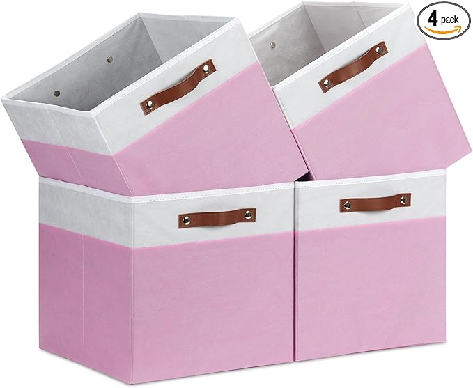 Temary Foldable Cube Baskets 4Pack - Clothes Shelf Storage with Handles, Fabric Storage Organizer Bins (White&Pink, 13x15x13 Inch)