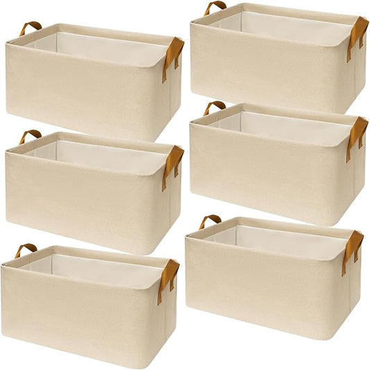 SNWDN 6 Pack Closet Cloth Storage Bins for Shelves, Medium Storage Baskets for Shelves, Fabric Bins for Closet organization with Handles（ Beige 15''L x 10''W x 8''H）