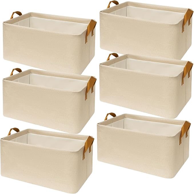 SNWDN 6 Pack Closet Cloth Storage Bins for Shelves,Large Storage Baskets for Shelves, Fabric Bins for Closet organization with Handles（ Beige 17''L x 12''W x 10''H）