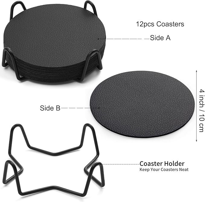Drink Coasters With Holder - Faux Leather Set of 12, Dual Sided for Coffee Tabletop Protection, Non-Slip Washable Cups (Black)