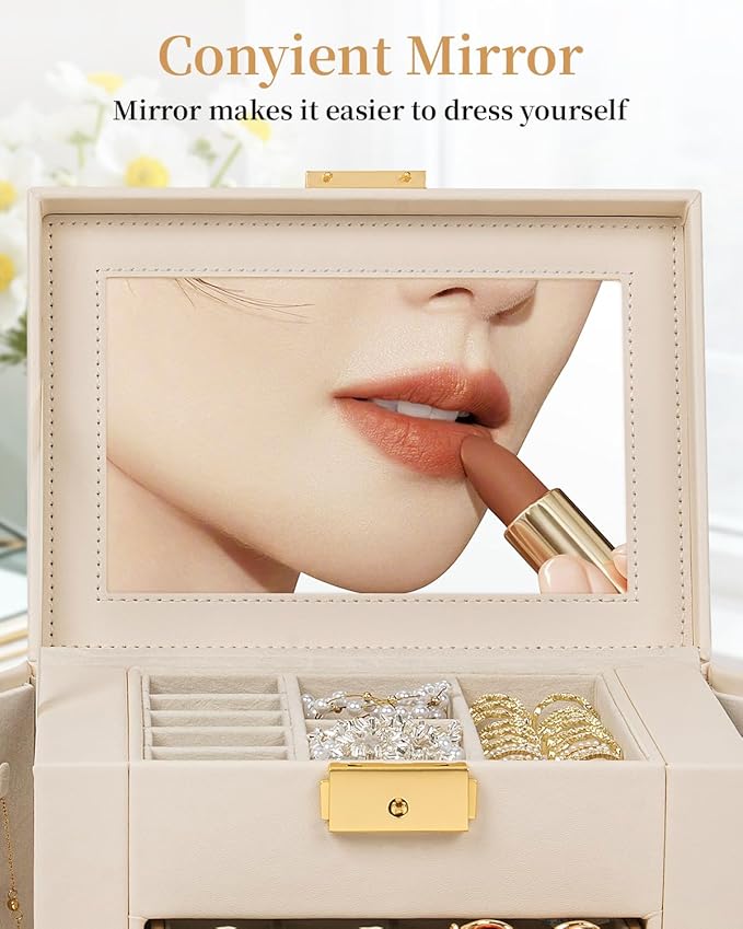TORIBIO Jewelry Box for Women, Leather Jewelry Organizer with Mirror & Lock, 4-Tier Jewelry Storage Organizer with 3 Drawers for Girls/Women/Mothers, Necklace Earring Bracelets Holder Organizer