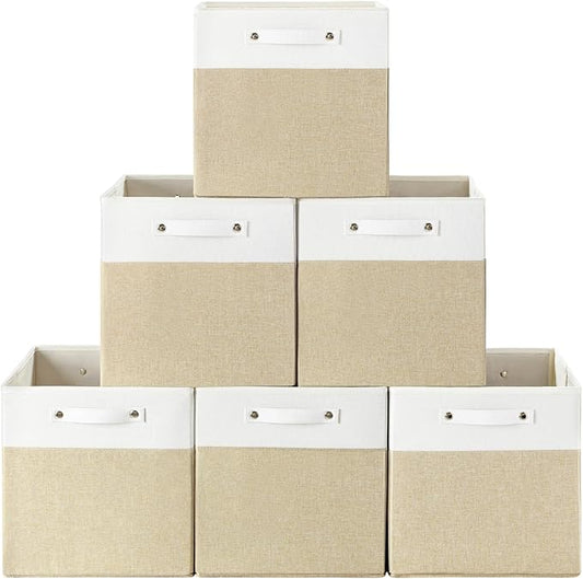 13 x 13 Inch Fabric Storage Cube Bins, 6 Pack Fine Linen Storage Boxes with Handles, Collapsible Basket Organizers for Shelves (White/Khiki)