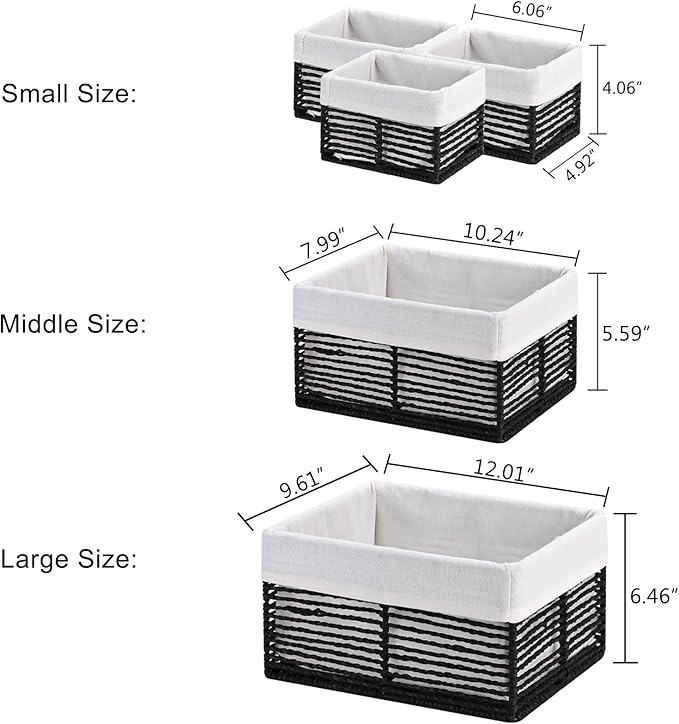 Vagusicc Wicker Storage Baskets, Hand-Woven Paper Rope Black Baskets for Storage, Rectangular Small Wicker Baskets for Organizing, Cube Storage Bins for Closet/Clothes/Dresser, Black, 5-Pack