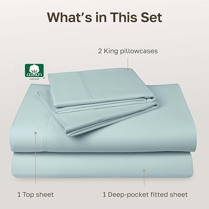 California Design Den Luxury King Size Sheet Set - 100% Cotton, 600 Thread Count Deep Pocket King Sheets, Hotel-Quality Bedding with Sateen Weave - Seafoam