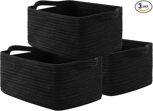 OIAHOMY Cotton Rope Woven Baskets for Storage, Nursery Rectangle Storage Basket with Handles for Shelves, Pack of 3, Black