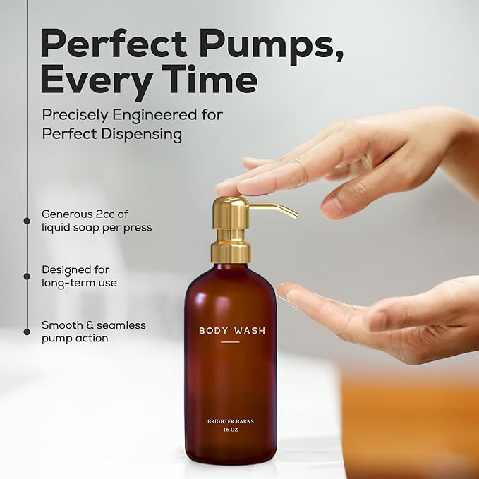 Luxury Shampoo and Conditioner Dispenser Set by Brighter Barns - Empty Shampoo Bottles Refillable with Gold Pump - Plastic Shower Soap Dispenser for Modern Bathroom Decor in Airbnb, Spa (Amber Gold)