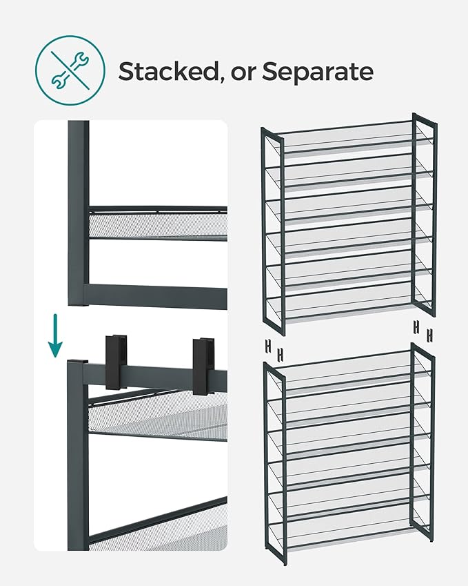 SONGMICS 12-Tier Stackable Shoe Shelf Set, Metal Shoe Storage for Garage, Entryway, with Adjustable Shelves, Hold 48-60 Pairs, Cool Gray ULMR12G01