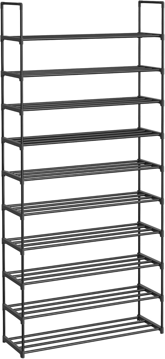 SONGMICS Shoe Rack, 10-Tier Shoe Organizer, Metal Storage Shelf, Upright or Upside Down, for 44-55 Pairs, for Entryway, 11.8 x 36.2 x 68.1 Inches, Black ULSA011B01