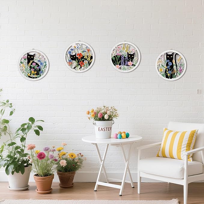 HPNIUB Funny Black Cat Wall Decor,Farmhouse Floral Wooden Signs,4 Pieces 10''x10'' Colorful Botanical Kitten Wall Art,Plant Cat Wood Plaque Home Decor for Pet Shop,Nursery,Lovely Cat Gifts