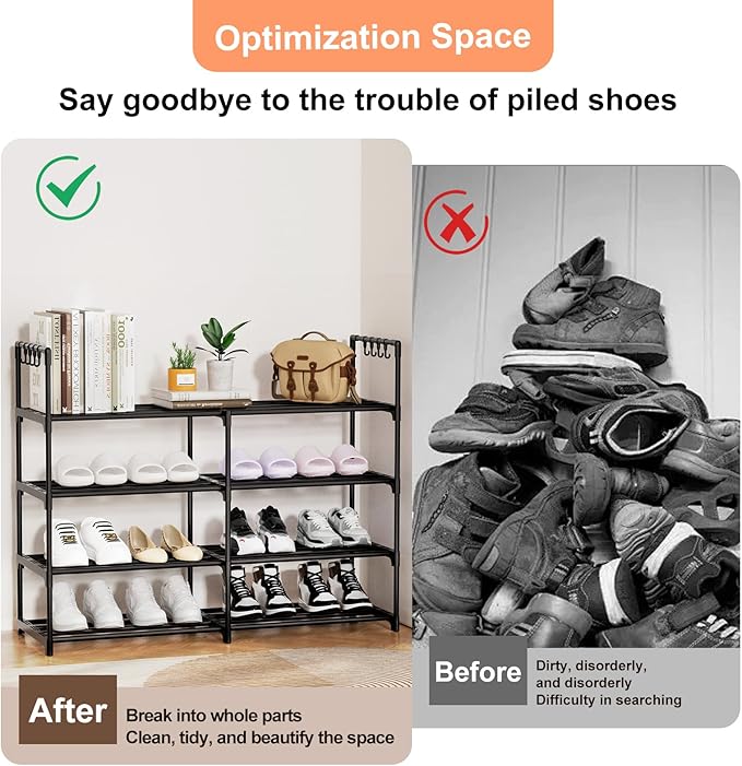 2 Rows 4 Tier Shoe Rack, Black Metal Stackable Shoe Shelf with Multifunctional Hooks, Hold 16-20 Pairs, Space Saving Shoe Organizer for Closet, Bedroom