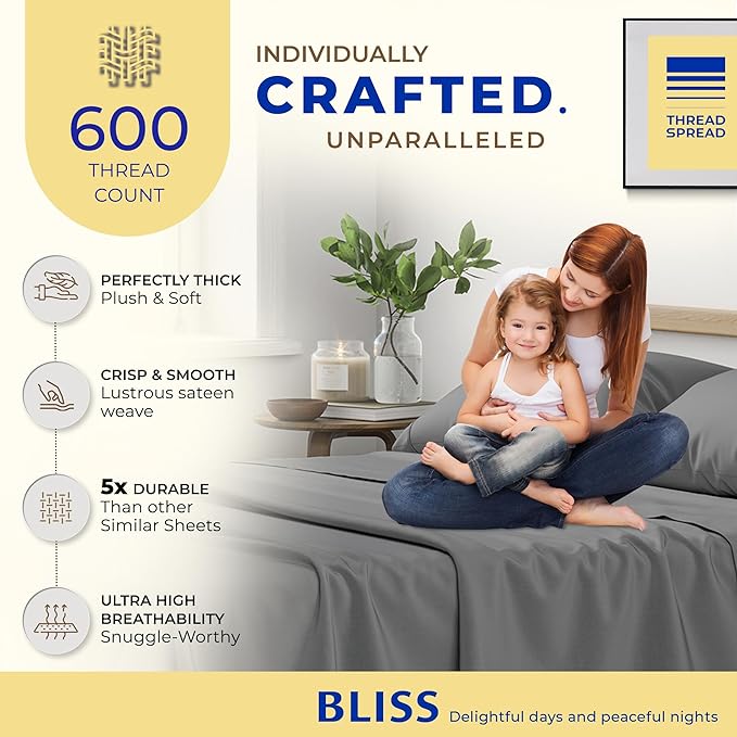 THREAD SPREAD Luxury Pure Egyptian Cotton Sheets Twin XL Size - 600 Thread Count 3 PC Twin XL Sheets Deep Pockets, Cooling Sateen Weave College Dorm Bedding Twin XL, Fits Mattress Upto 18"- Dark Grey