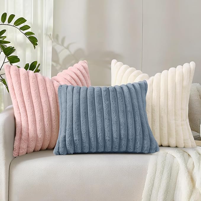 decorUhome Faux Fur Spring Throw Pillow Covers 12x20 Set of 2, Decorative Soft Plush Striped Lumbar Neutral Couch Pillow Covers with Velvet Back for Sofa, Bed, Living Room Home, Grey Blue