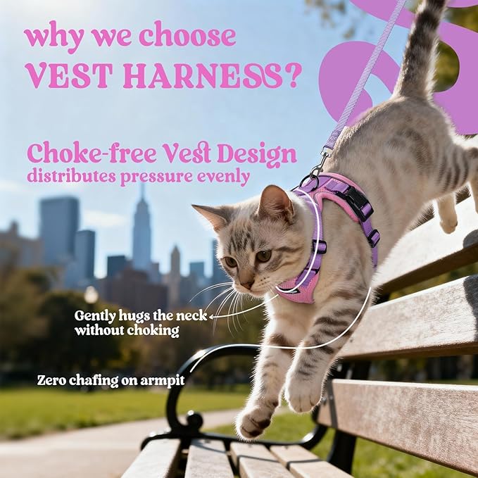 rabbitgoo Cat Harness and Leash for Walking, Escape Proof Soft Adjustable Vest Harnesses for Cats, Easy Control Breathable Reflective Strips Jacket, Pink & Purple, XS