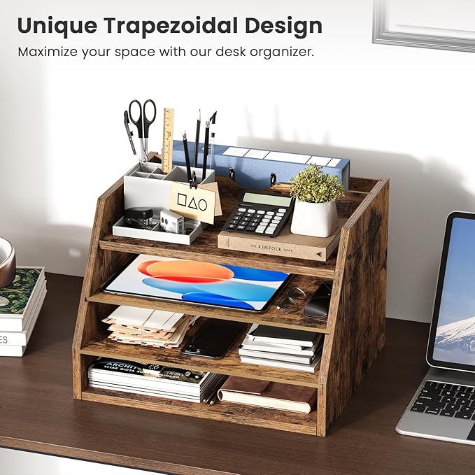 4-Tier Desk Organizer with File Holder, Wooden Desktop Organizer for Papers, Folders & Office Supplies, Space Saving Letter Tray Mail Organizer for Home Office School Accessories, Rustic Brown