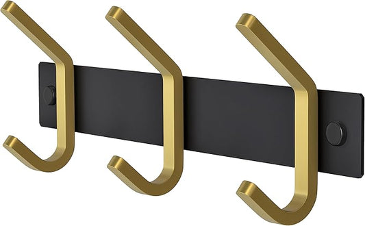 Small Coat Rack Wall Mount – Black and Gold Hook Rail with 3 Double Coat Hooks, 9 Inch Stainless Steel Wall Hooks for Entryway, Bathroom, Bedroom, Closet, Towel, Hat, Bag, Heavy Duty Organizer
