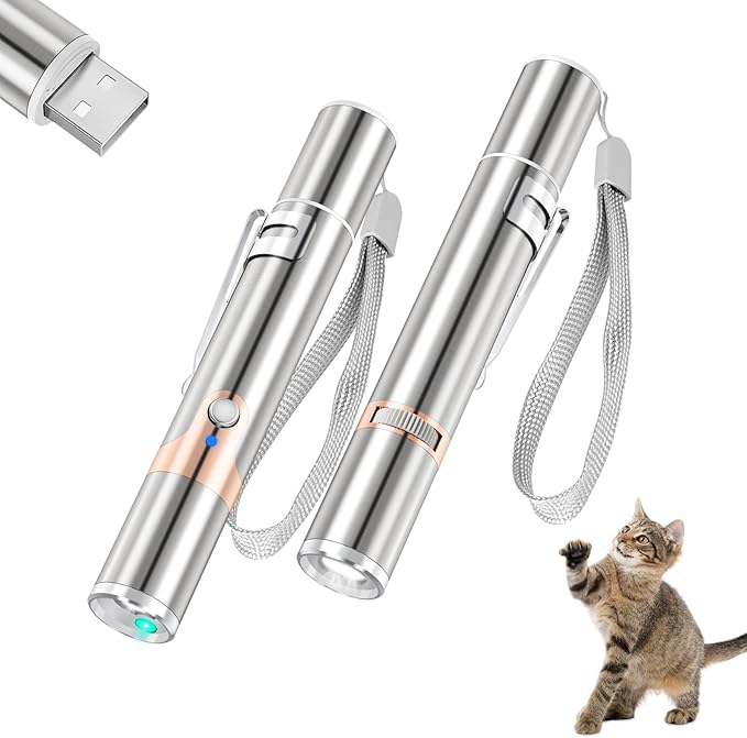 TBTeek Cat Toy, Green Light, with Metal Case, Rechargeable, 7 Patterns, Interactive Kitten Pet Dog Chase Light Toy for Fun Playing Exercise (2 Pieces)