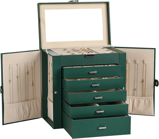 Frebeauty Large Jewelry Box,6-Tier PU Leather Jewelry Organizer,Multi-functional Storage Case with Mirror,Accessories Holder with 5 Drawers for Necklace Bracelets Watches(Blackish Green)