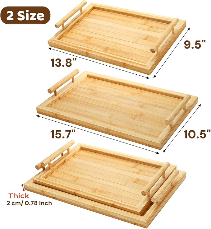 2 Pack Bamboo Serving Tray with Handles, Decorative Rectangular Food Platter, Wooden Potable Bed Tray for Entertaining, Kitchen Counter, Party Display, Living Room, Breakfast Dinner Eating