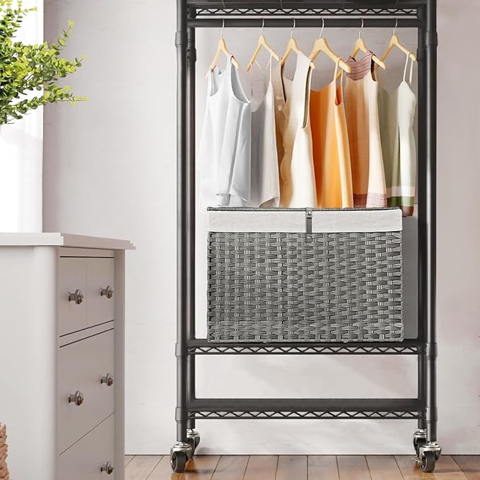 240L Wicker Storage Basket with Lid, Handwoven Rattan Large Shelf Basket with Removable Liner, 63.5 Gallon Wicker Basket for Blanket, Storage Trunk with Handle for Closet, Bedroom, Livingroom, Grey