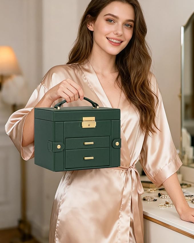 TORIBIO Jewelry Box for Women, Leather Jewelry Organizer with Mirror & Lock, 3-Tier Jewelry Storage Organizer with 2 Drawers for Girls/Women/Mothers, Necklace Earring Bracelets Holder Organizer