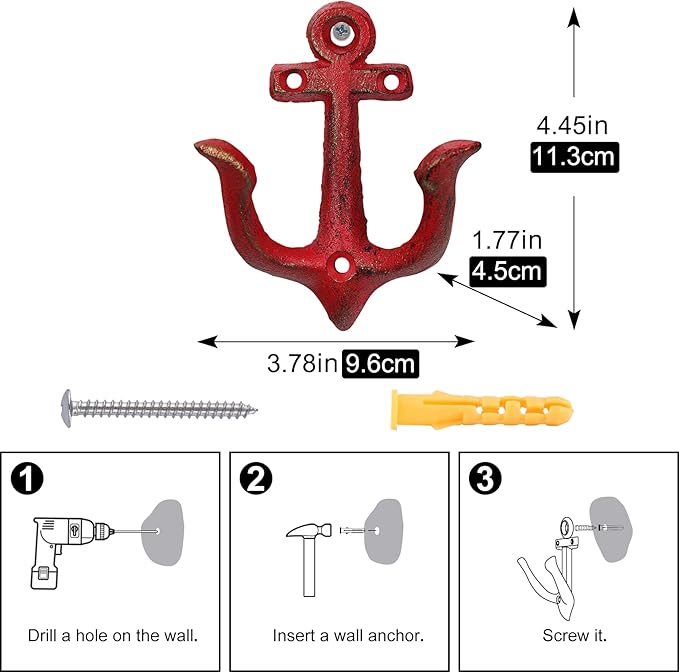 XINGYAN Vintage Rustic Cast Iron Nautical Sea Anchor Design Wall Hooks,Home Coat Rack,Decorative Wall Mounted Antique Shabby Chic Metal Bathroom Towel,Coat Hooks,Hanger,Screws Inside (Red[4pcs])