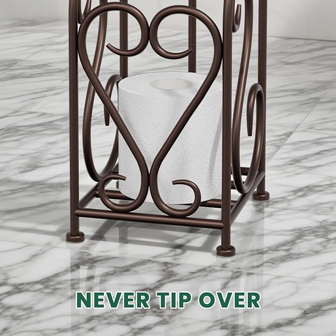 Toilet Paper Holder Free Standing with Storage for Mega Rolls, Scroll Bathroom Tissue Holder Stand, Metal, Bronze