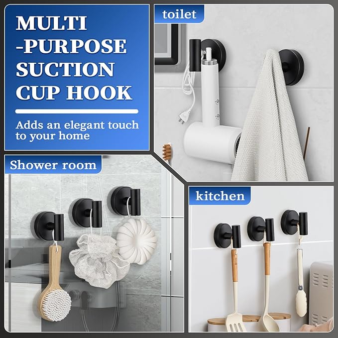 Heavy Duty Reusable Suction Cup Hooks for Shower - No Drill Bathroom/Glass/Mirror/Tiles & Metal and Smooth Non-Porous Surfaces for Towels, Robes, Loofahs(4, Matte Black)