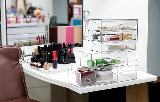 Plastic Drawer Storage with 5 Different Sizes Drawers, Clear Light Gray Hair Accessories Organizer, Transparent Dresser Bathroom Organizer