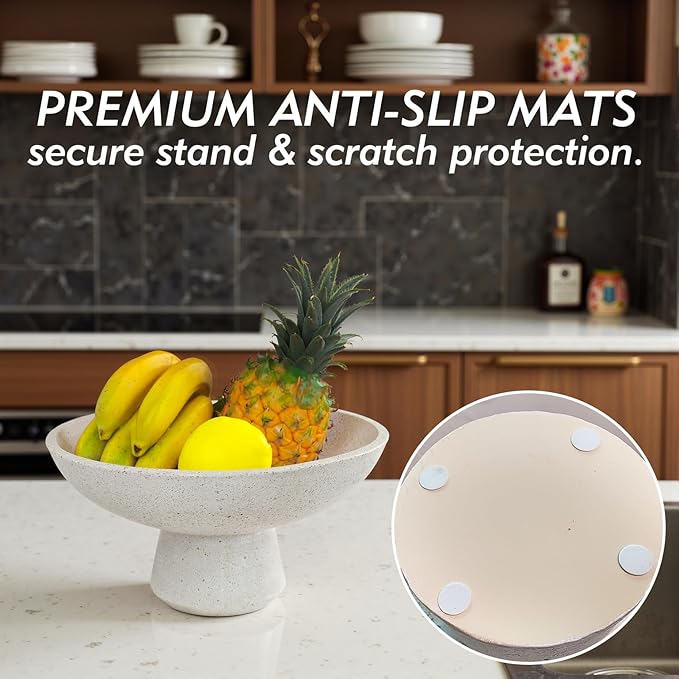 Large Decorative Fruit Bowl - Modern Handcrafted Resin Pedestal Bowl for Kitchen Counter, Entryway Key Holder & Table Centerpiece, Off-White Travertine Stone Bowl