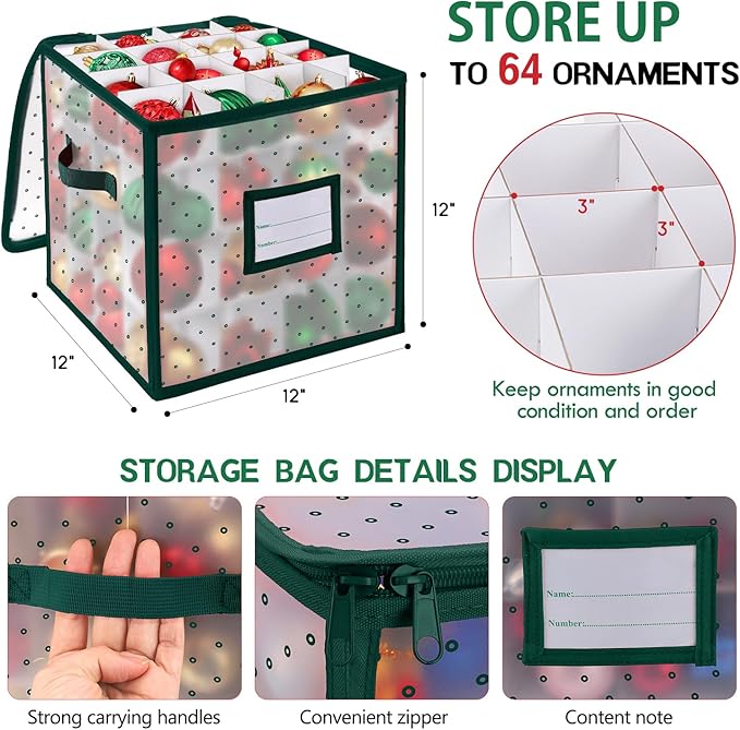BINSUNS Christmas Ornament Storage Box, Christmas Storage Containers Organizer Bag with Dividers - Fits up to 64 Holiday Xmas Ornaments Decorations 3" Seasons Balls(Green)