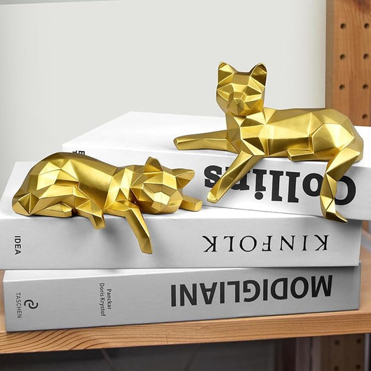 Mrlikale Bookshelf Decor Cat Statue, Modern Geometric Cat Figurines for Living Room Office Shelves Coffee Table Desk Decor – Set of 2 Minimalist Animal Statues (Gold)
