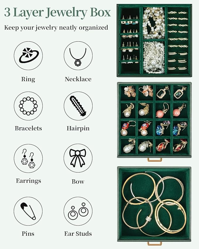 TORIBIO Jewelry Box for Women, Leather Jewelry Organizer with Mirror & Lock, 3-Tier Jewelry Storage Organizer with 2 Drawers for Girls/Women/Mothers, Necklace Earring Bracelets Holder Organizer