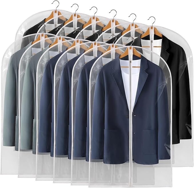 40" All Clear Garment Bags for Hanging Clothes, 12 Packs Suit Bags for Closet Storage, Plastic Waterproof Suit Cover Bags with Zipper for Coats, Jackets, Shirts (Set of 12)