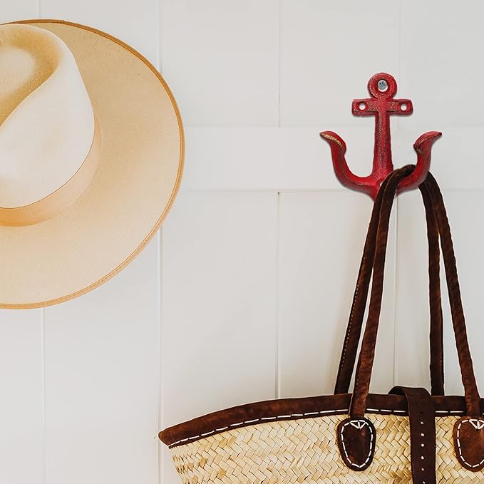 XINGYAN Vintage Rustic Cast Iron Nautical Sea Anchor Design Wall Hooks,Home Coat Rack,Decorative Wall Mounted Antique Shabby Chic Metal Bathroom Towel,Coat Hooks,Hanger,Screws Inside (Red[4pcs])