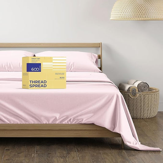THREAD SPREAD 100% Egyptian Cotton Queen Size Sheet Set - 4 PC 600 Thread Count Egyptian Cotton Sheets Set for Queen Size Bed (Blush), Soft, Cooling, Luxury Hotel 16" Deep Pocket Sateen Bedsheet