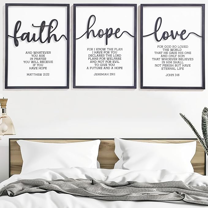 3D Wood Faith Hope Love Wall Decor, Christian Wall Art Bible Verses Wall Decor Scripture Wall Art for Bedroom Bathroom Kitchen Living Room Office(12x16 inches, Set of 3, Framed)