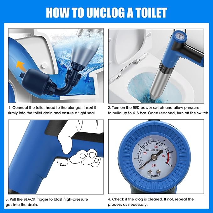 Electric Toilet Plunger, All in One High Pressure Drain Unclogger Plungers for Bathroom, Bathtubs, Floors, Heavy Duty Versatile Home Toilet Clog Remover - Blue