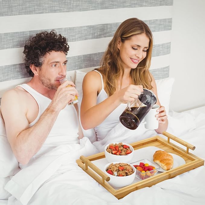 2 Pack Bamboo Serving Tray with Handles, Decorative Rectangular Food Platter, Wooden Potable Bed Tray for Entertaining, Kitchen Counter, Party Display, Living Room, Breakfast Dinner Eating