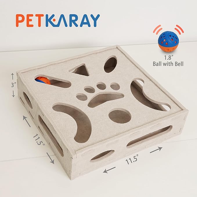 PETKARAY Felt Cat Puzzle Toy, Interactive Cat Toys for Indoor Cats, Interactive Maze for Kitten Felt Puzzle Box with Ball, Beige