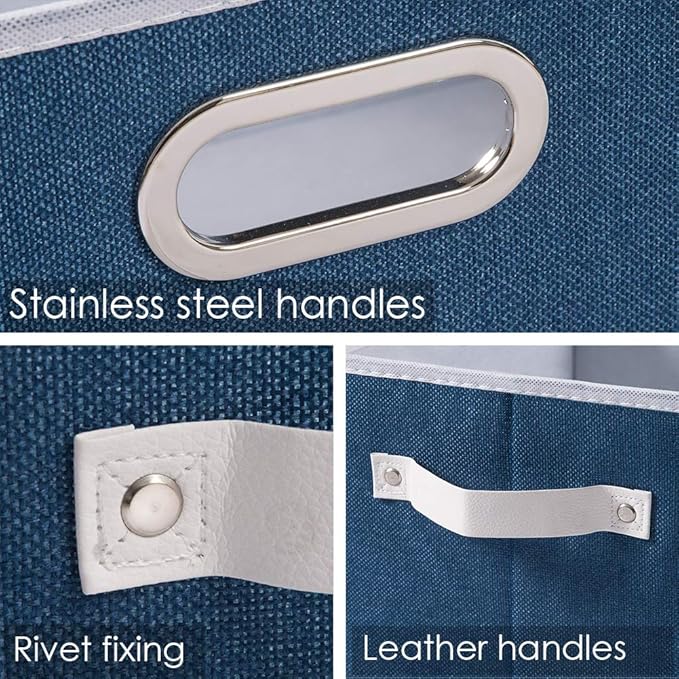 PRANDOM Fodable Storage Bins for Closet [3-pack] Decorative Fabric Storage Baskets Cubes with Leather/Metal Handles for Shelves Bedroom Living Room Royal Blue (11.5x8.5x6.7 Inch)