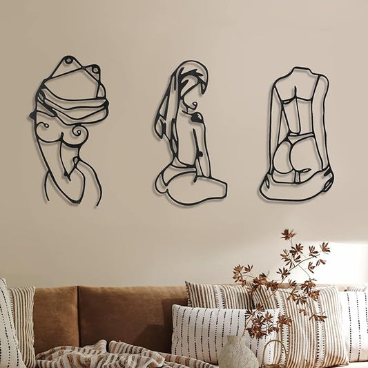 Photect 3 Pcs Metal Wall Art Decor Minimalist Abstract Woman Wall Art Metal Modern Line Drawing Decor Female Single Line Home Hanging for Bedroom Bathroom Living Room Christmas Housewarming(Lively)