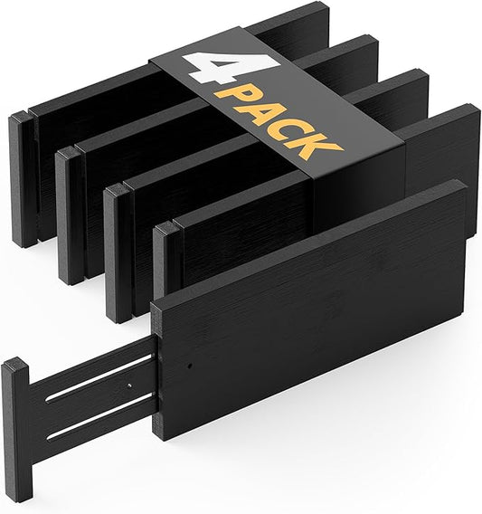 SpaceAid Bamboo 4 Pack Dresser Drawer Dividers, 4.65“ High Adjustable 12.5“-17” Drawer Organizers, Expandable Organization for Clothing, Clothes, Dressers, Black