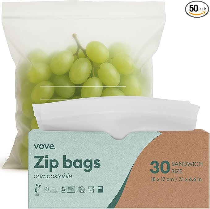 Vove Compostable Snack Bags, Small 50 Count – Freezer Safe, Leak Resistant, Non Toxic, Writable & Reusable Food Storage, Plastic-Free Eco Bags